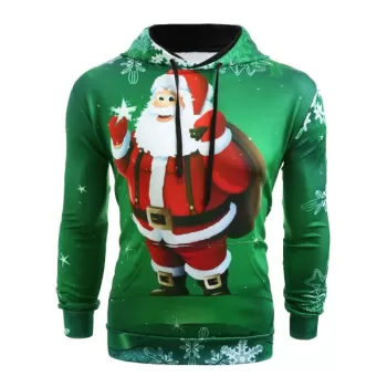 Smiling Santa Claus Print Christmas Hoodie - edium Spring Green