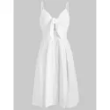 Smocked Tie Front Buttoned Dress - White