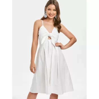 Smocked Tie Front Buttoned Dress - White