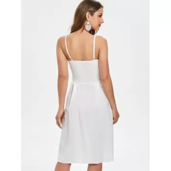 Smocked Tie Front Buttoned Dress - White