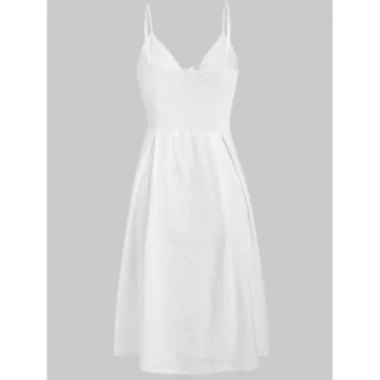 Smocked Tie Front Buttoned Dress - White