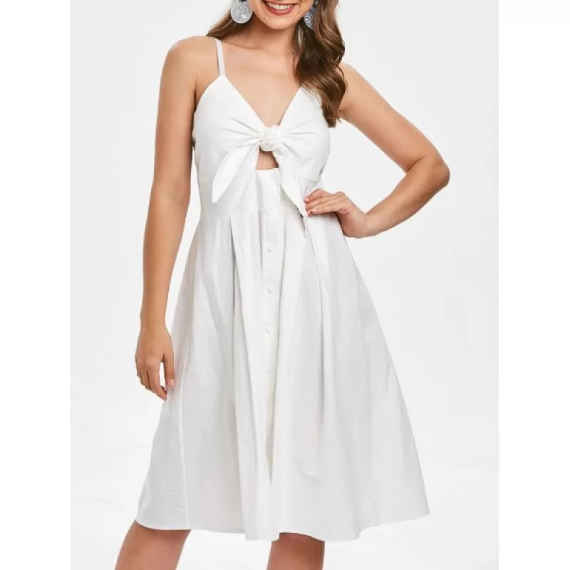 Smocked Tie Front Buttoned Dress - White