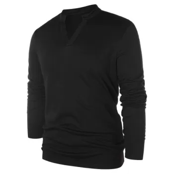 Solid Notch Neck Pullover Sweater - Black