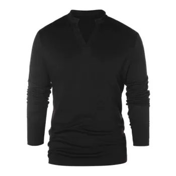 Solid Notch Neck Pullover Sweater - Black
