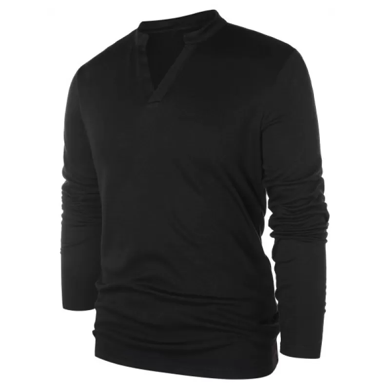 Solid Notch Neck Pullover Sweater - Black