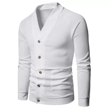 Solid Pocket Button Up Thin Knit Sweater - White