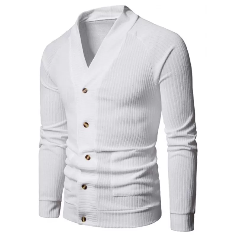Solid Pocket Button Up Thin Knit Sweater - White