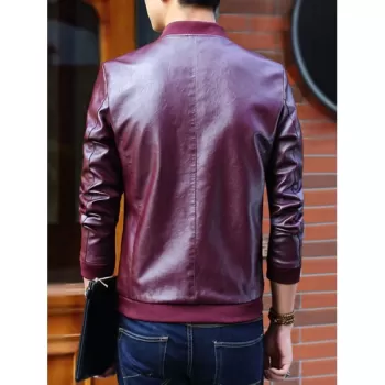 Solid Ribbed Edge Motor PU Jacket - Red Wine