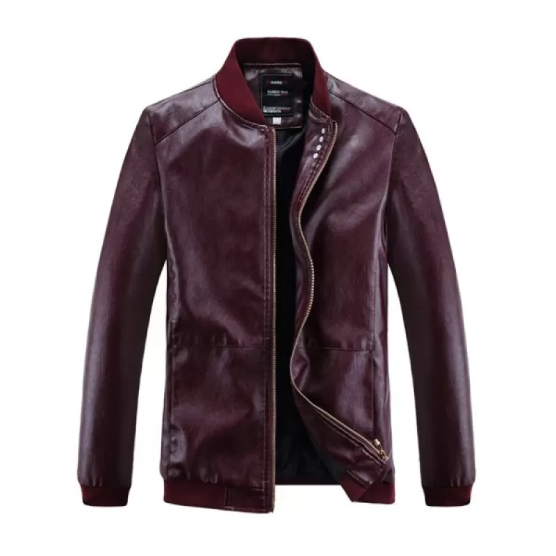 Solid Ribbed Edge Motor PU Jacket - Red Wine