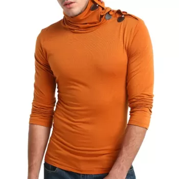 Solid Turtneck Toggle Button Pullover ong Sleeve T-shirt - Papaya Orange