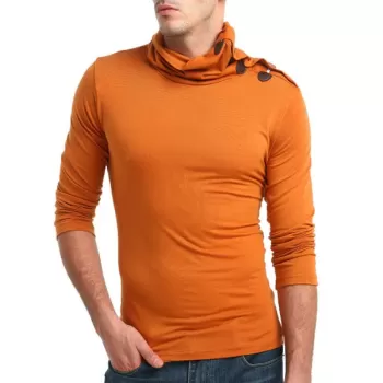 Solid Turtneck Toggle Button Pullover ong Sleeve T-shirt - Papaya Orange