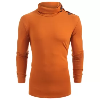 Solid Turtneck Toggle Button Pullover ong Sleeve T-shirt - Papaya Orange