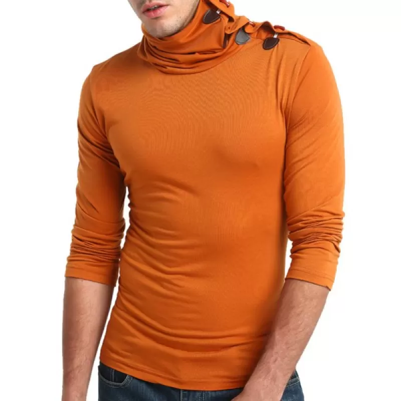 Solid Turtneck Toggle Button Pullover ong Sleeve T-shirt - Papaya Orange
