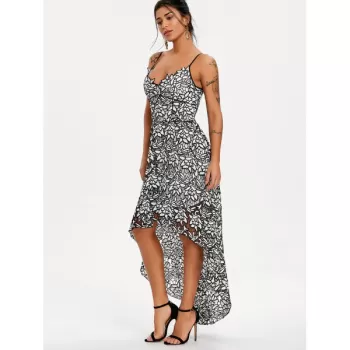 Spaghetti Strap High Low Party Dress - White And Black