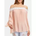 Spaghetti Strap Lace Insert Pleated Blouse - Light Pink