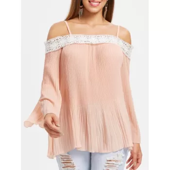 Spaghetti Strap Lace Insert Pleated Blouse - Light Pink