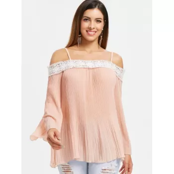 Spaghetti Strap Lace Insert Pleated Blouse - Light Pink