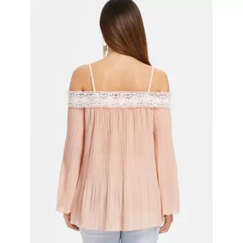 Spaghetti Strap Lace Insert Pleated Blouse - Light Pink