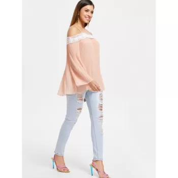 Spaghetti Strap Lace Insert Pleated Blouse - Light Pink