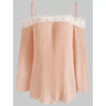 Spaghetti Strap Lace Insert Pleated Blouse - Light Pink