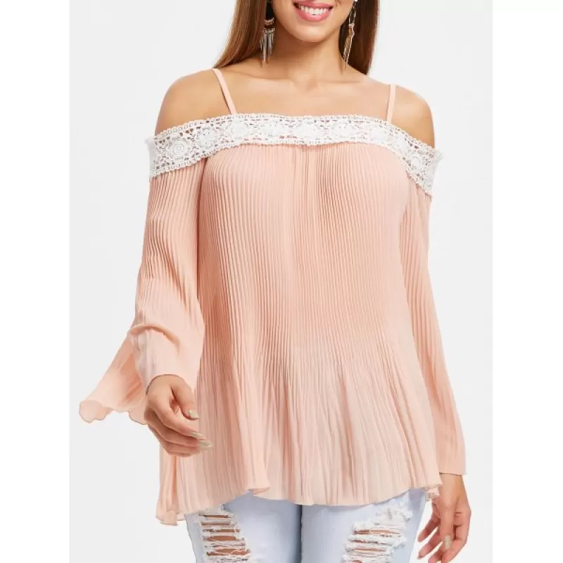 Spaghetti Strap Lace Insert Pleated Blouse - Light Pink