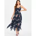 Spaghetti Strap Long Print Dress - Dark Slate Blue