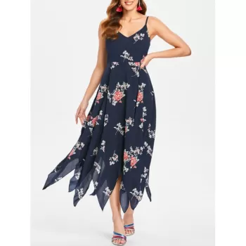 Spaghetti Strap Long Print Dress - Dark Slate Blue