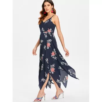 Spaghetti Strap Long Print Dress - Dark Slate Blue