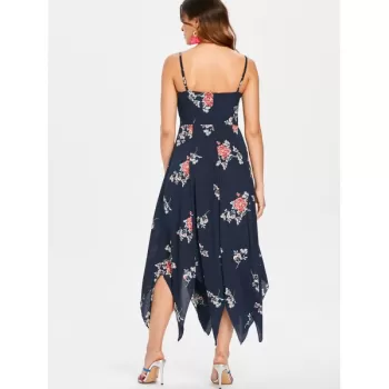 Spaghetti Strap Long Print Dress - Dark Slate Blue