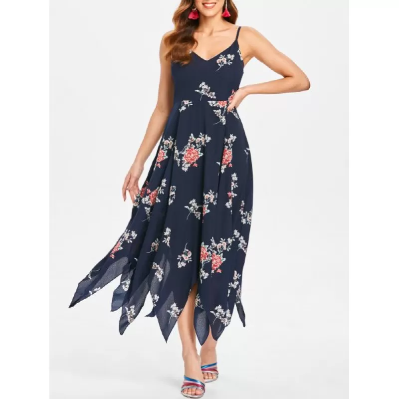 Spaghetti Strap Long Print Dress - Dark Slate Blue