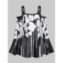 Spaghetti Strap Open Shoulder Ditsy Print T Shirt - Black