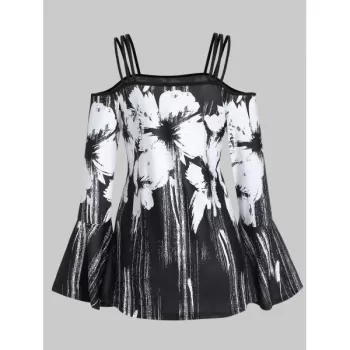 Spaghetti Strap Open Shoulder Ditsy Print T Shirt - Black