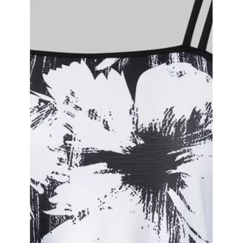 Spaghetti Strap Open Shoulder Ditsy Print T Shirt - Black