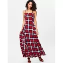 Spaghetti Strap Plaid Long Dress - Red Wine