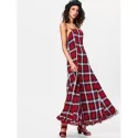Spaghetti Strap Plaid Long Dress - Red Wine