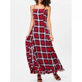 Spaghetti Strap Plaid Long Dress - Red Wine
