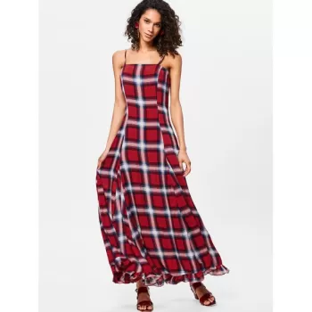 Spaghetti Strap Plaid Long Dress - Red Wine