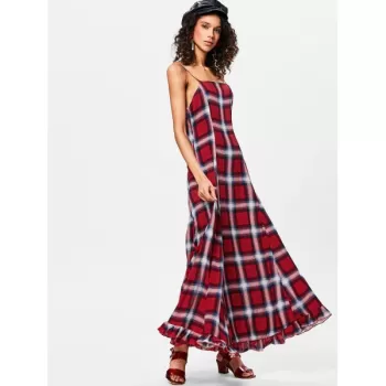 Spaghetti Strap Plaid Long Dress - Red Wine