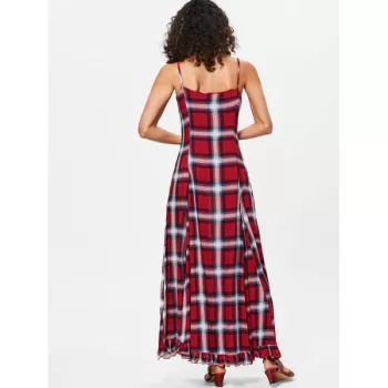 Spaghetti Strap Plaid Long Dress - Red Wine
