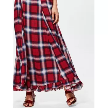 Spaghetti Strap Plaid Long Dress - Red Wine