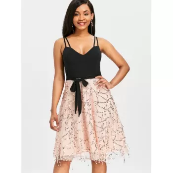 Spaghetti Strap Tie Waist Sequined Dress - Black