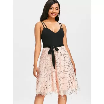 Spaghetti Strap Tie Waist Sequined Dress - Black