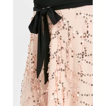 Spaghetti Strap Tie Waist Sequined Dress - Black