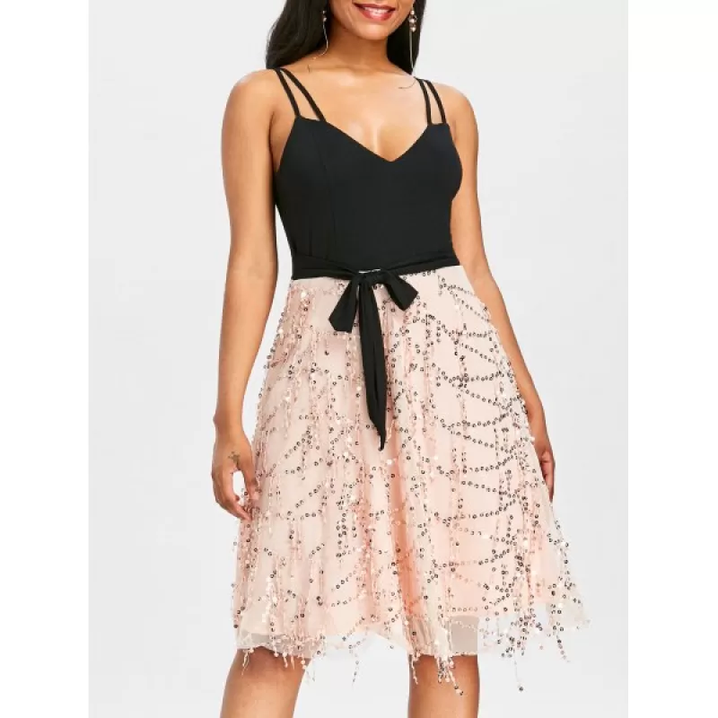 Spaghetti Strap Tie Waist Sequined Dress - Black