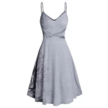 Spaghetti Strap Tree Print Sequined Dress - Gray Cloud