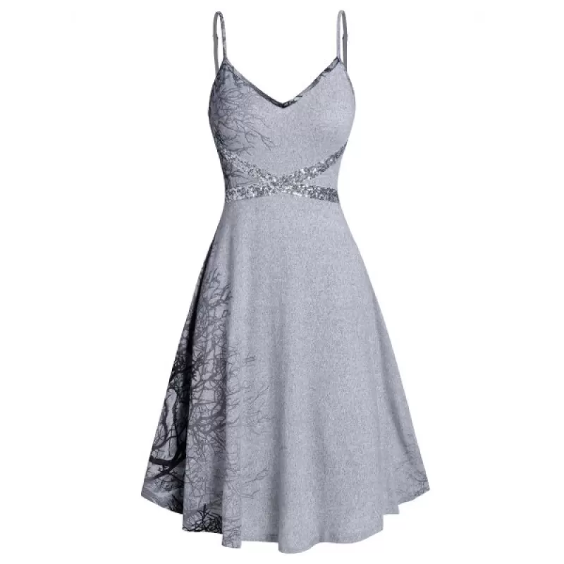 Spaghetti Strap Tree Print Sequined Dress - Gray Cloud