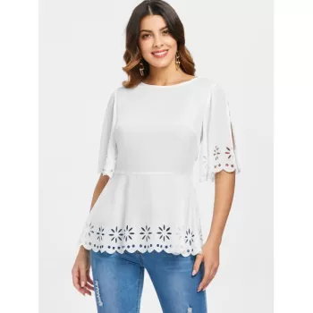 Split Sleeve Laser Cut Blouse - White