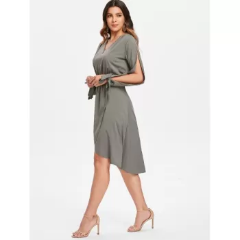 plit leeve V Neck Dress - Granite
