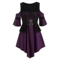 Square Collar Buckled Lace Panel Cold Shoulder Top - Plum Velvet