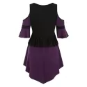 Square Collar Buckled Lace Panel Cold Shoulder Top - Plum Velvet